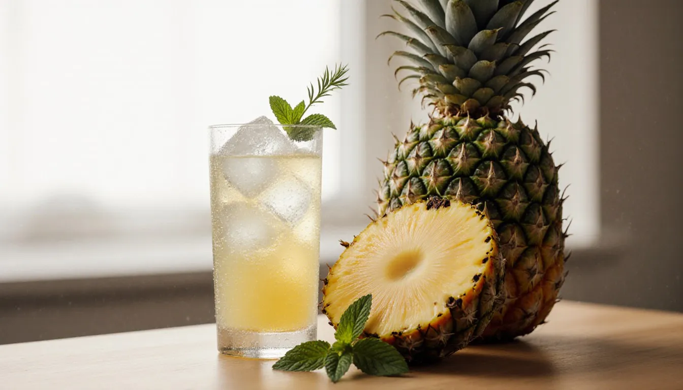 A glass of fresh pineapple juice with crushed ice beside a cut pineapple on a kitchen counter