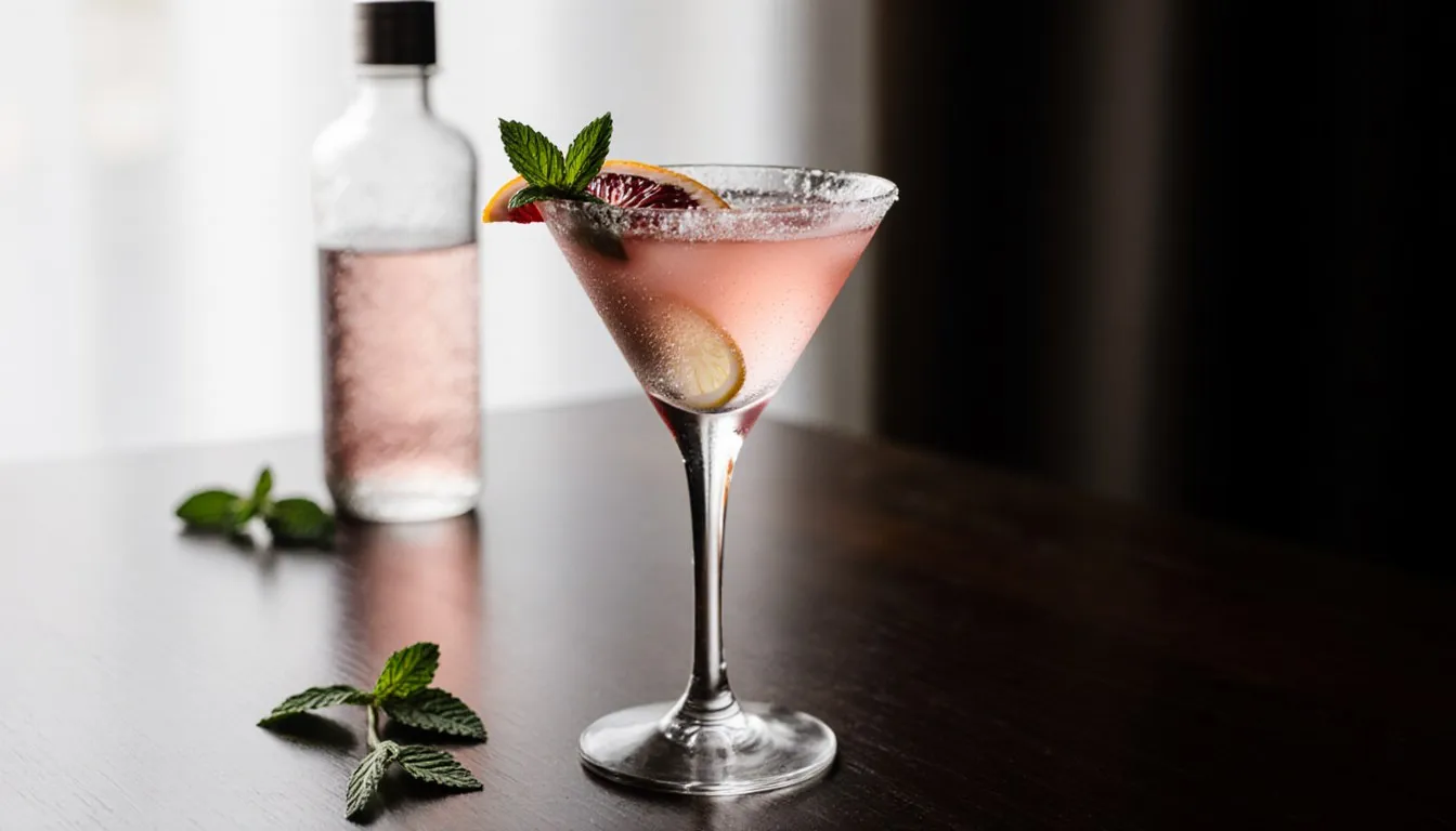 A pink martini garnished with blood orange and mint, served in a chilled glass on a bar