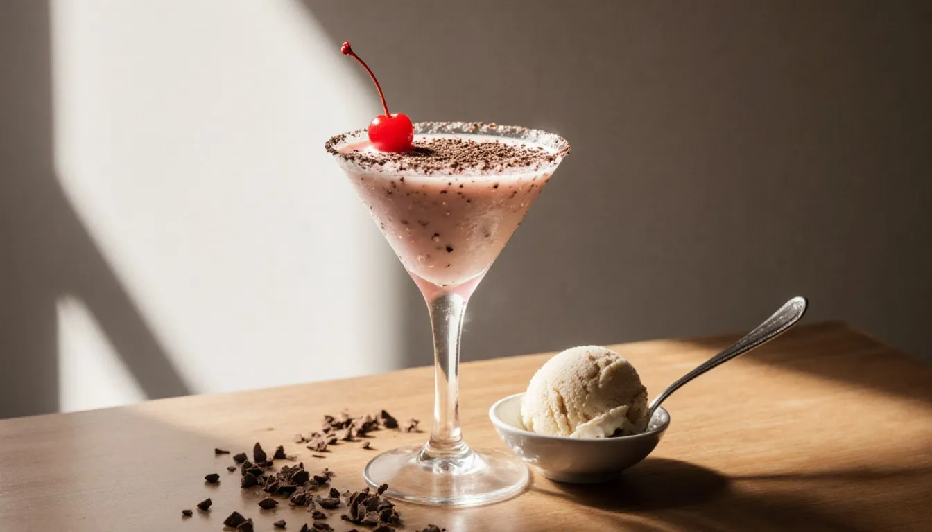 A creamy pink squirrel cocktail in a martini glass, topped with chocolate shavings and a cherry