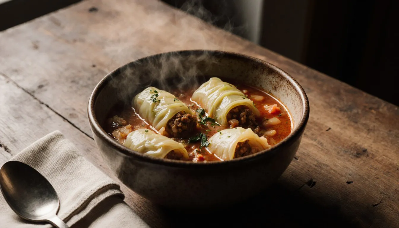 Bowl of Polish golumpki soup with cabbage rolls in tomato broth on a wooden table