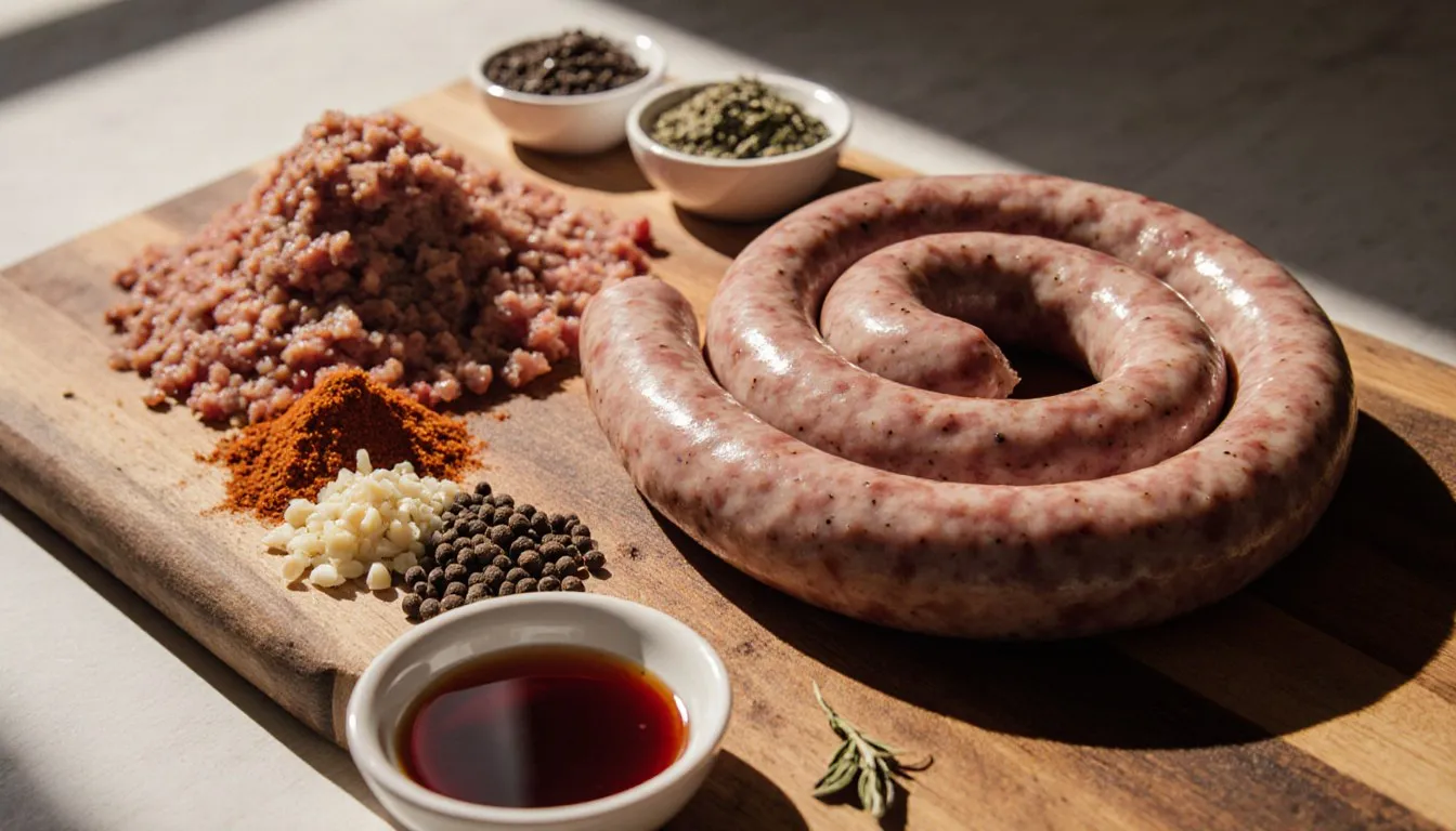 Coiled raw Portuguese linguiça sausage on a wooden board with paprika, garlic, and spices used to season it