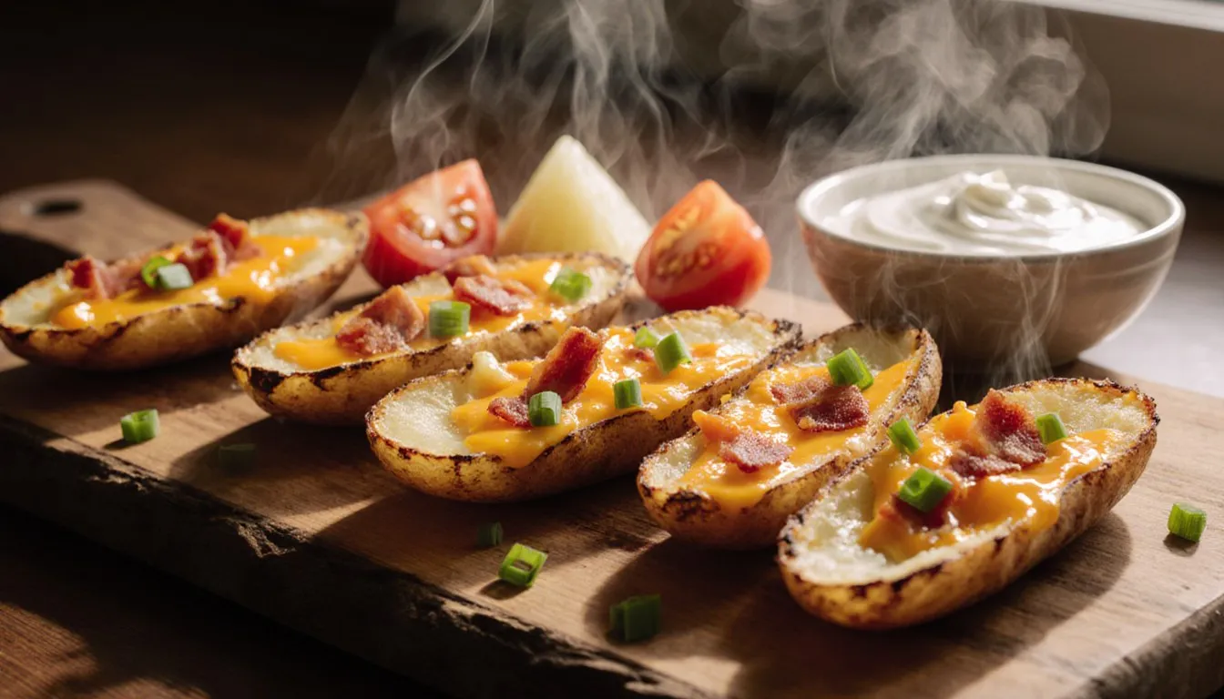 Crispy potato skins filled with melted cheddar and bacon, served with sour cream for dipping