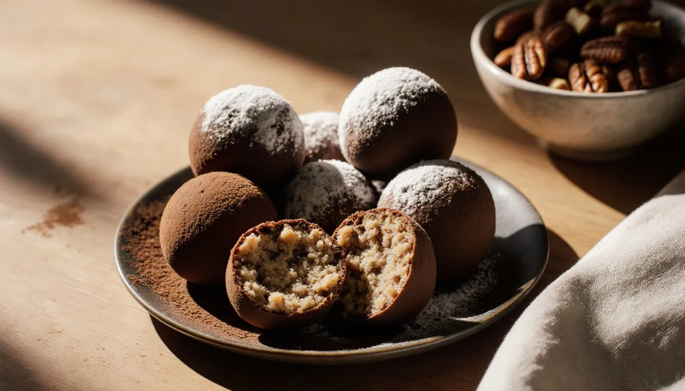 A plate of rum balls dusted in cocoa powder and powdered sugar, with one cut open to show its dense crumb interior