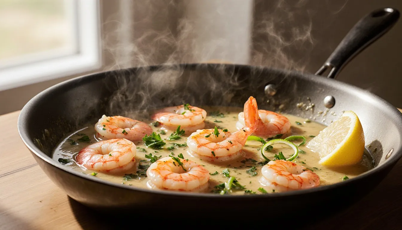 Skillet of shrimp scampi in garlic butter sauce, topped with parsley and green onion