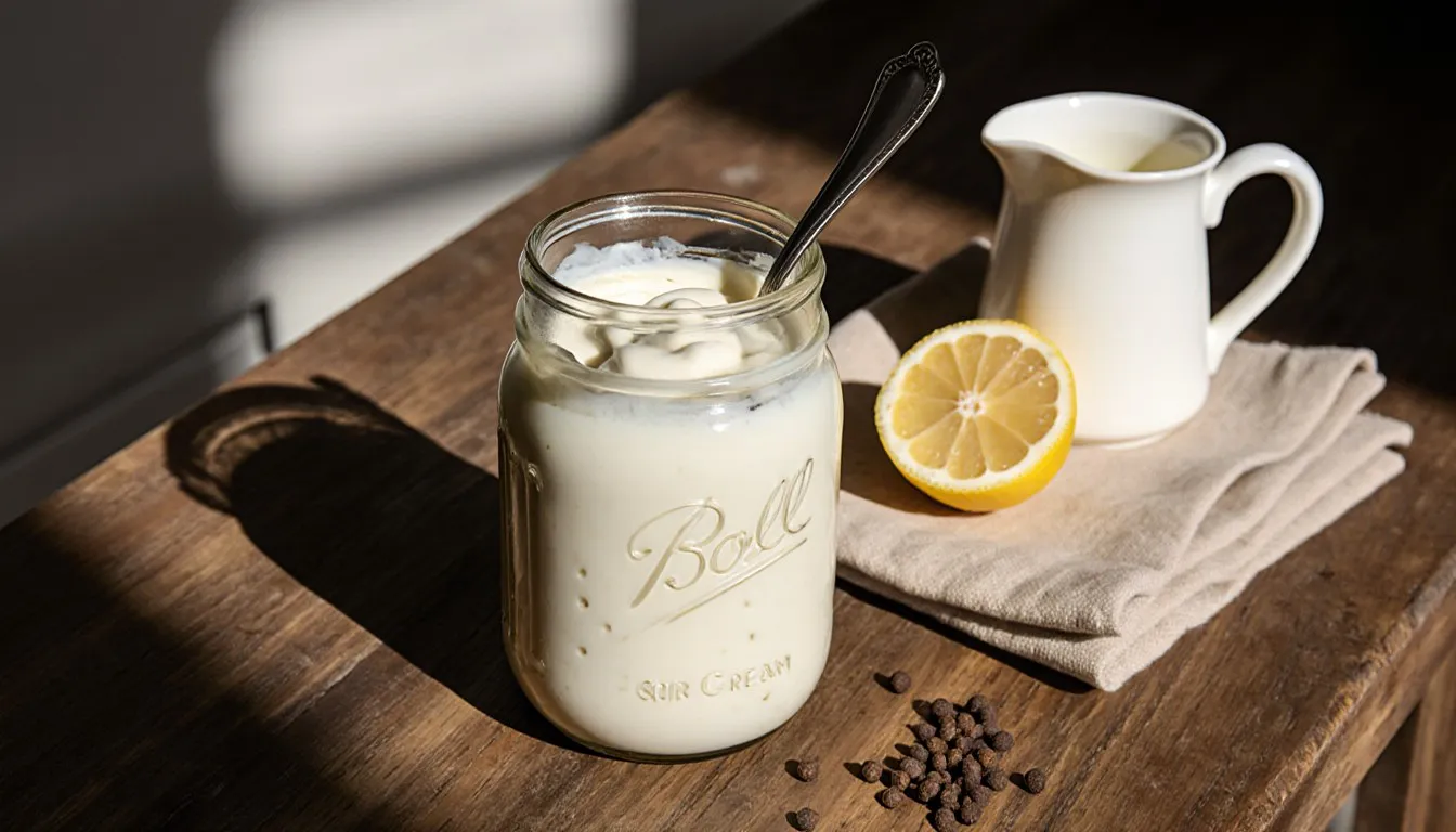 A jar of homemade sour cream with a spoon, beside a halved lemon and buttermilk on a wooden counter