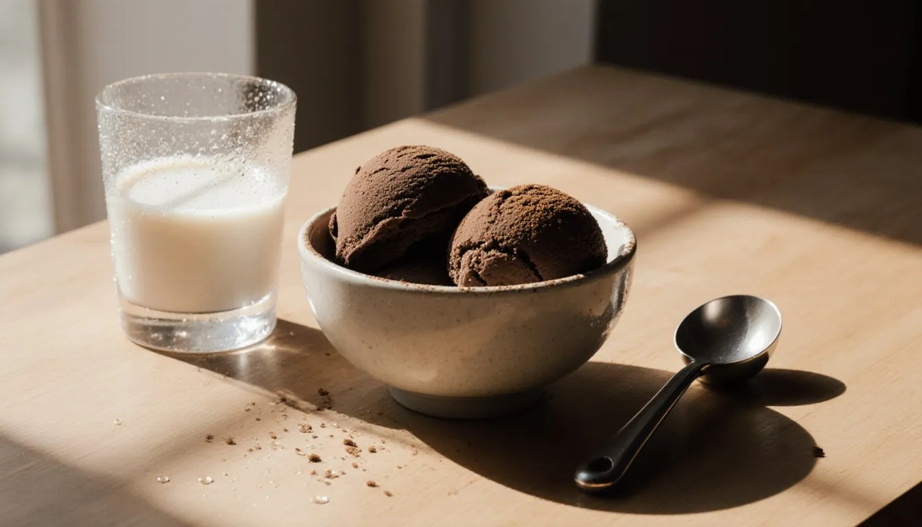 Two scoops of chocolate soy milk ice cream in a bowl beside a glass of soy milk