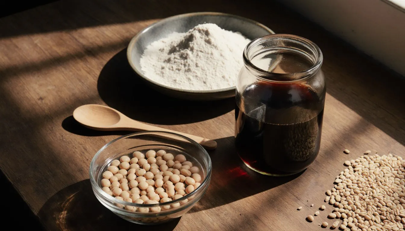 Soaked soybeans, flour, and a jar of dark homemade soy sauce arranged on a wooden kitchen counter