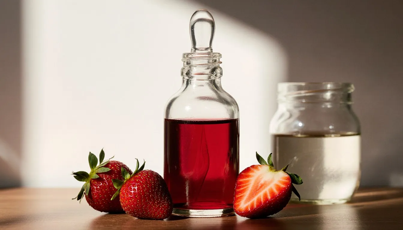 A small bottle of homemade strawberry extract beside fresh strawberries on a wooden kitchen counter
