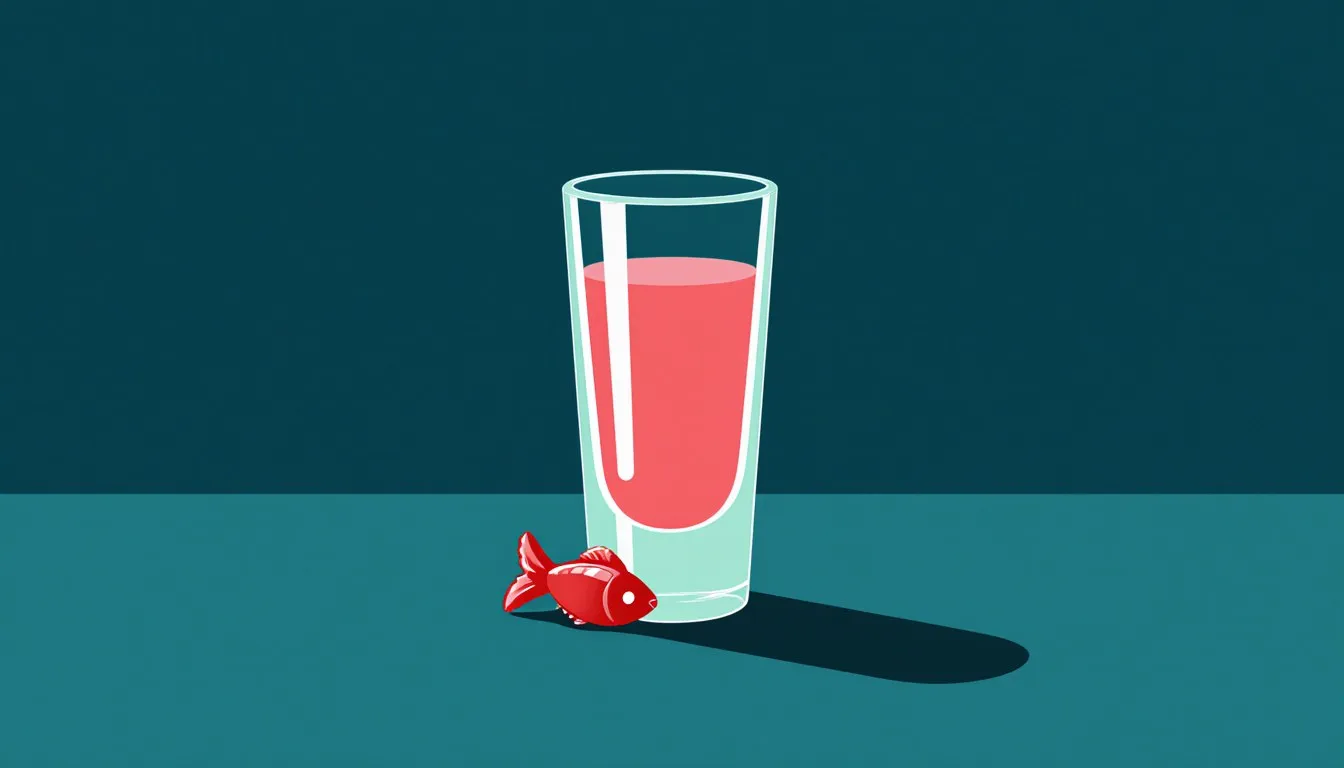A tall shot glass of glossy red-pink liquid beside a red fish-shaped gummy candy on a plain teal background