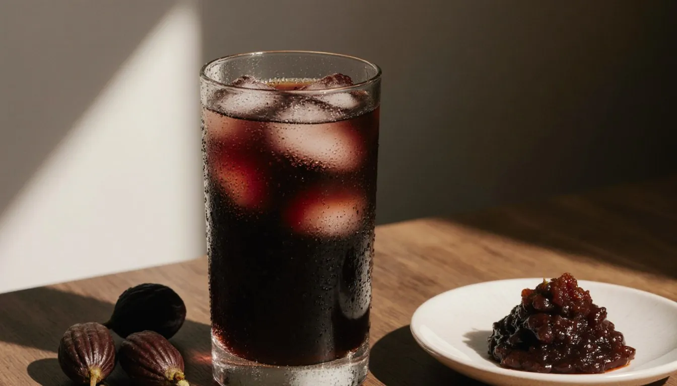 A glass of tamarind juice with ice, served beside whole tamarind pods and sticky pulp