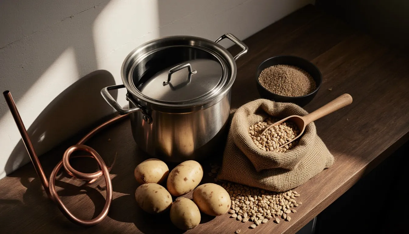 Potatoes, wheat, and malted grain arranged beside a large metal pot used for home vodka distilling