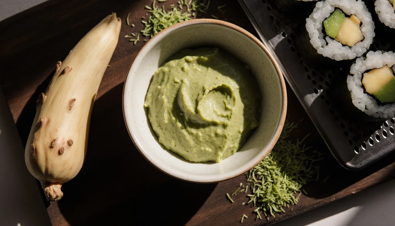 Freshly grated wasabi paste in a bowl next to the peeled root and a fine grater on a wooden board