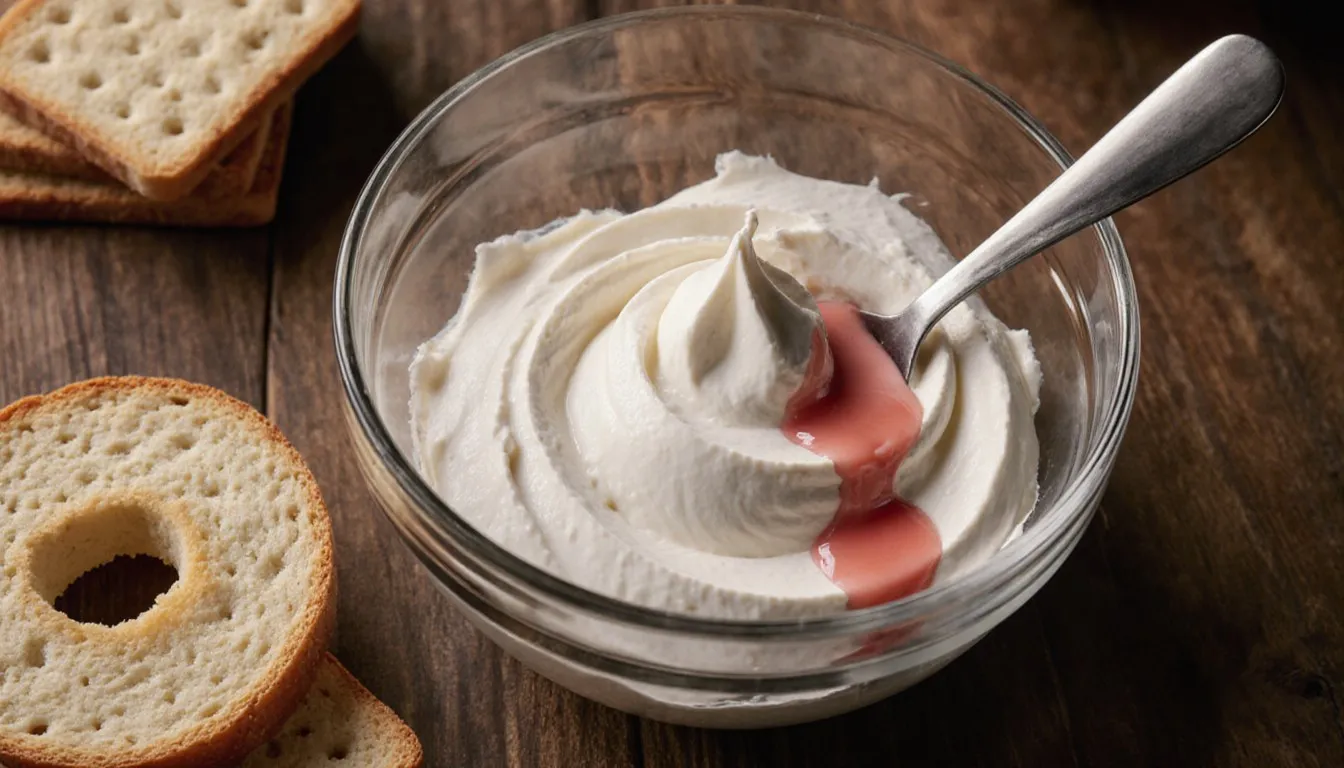 A bowl of freshly whipped cream cheese with a strawberry syrup drizzle, served beside a bagel and crackers