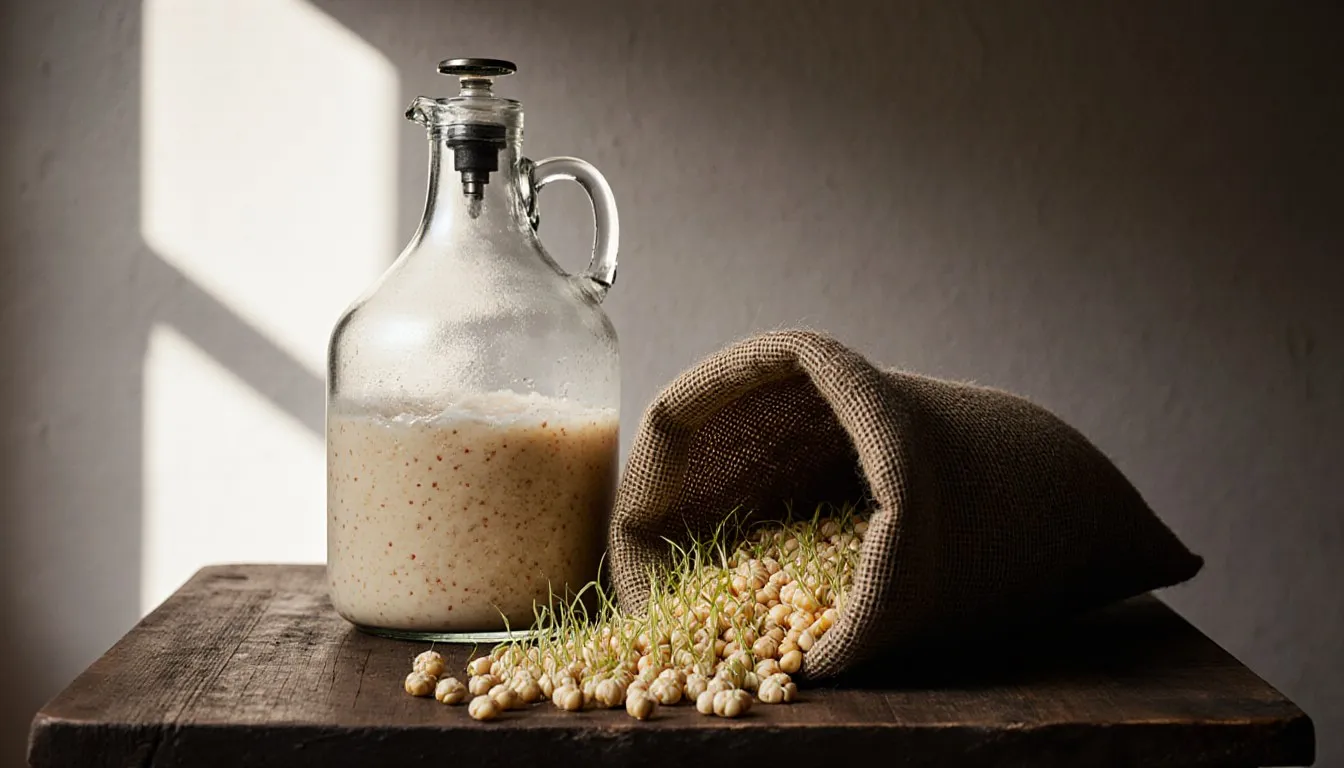 Sprouted corn kernels spilling from a burlap sack beside a glass fermenter of bubbling mash