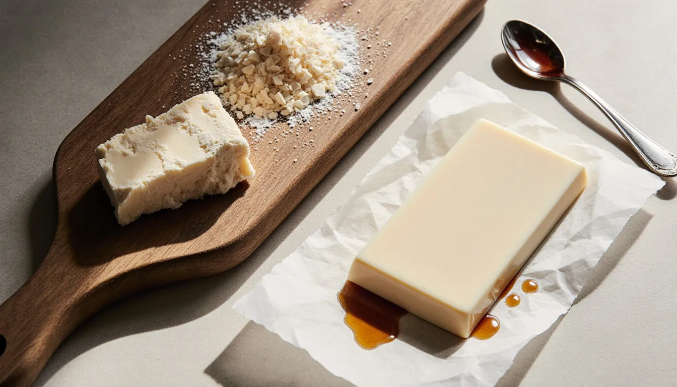 Chunks of cocoa butter beside a freshly set bar of homemade white chocolate on a wooden board