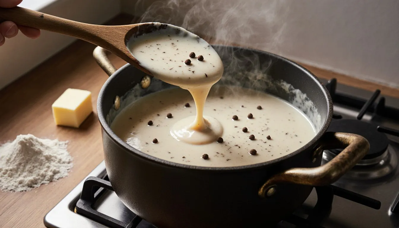 Creamy white gravy being stirred with a wooden spoon in a saucepan, flecked with black pepper