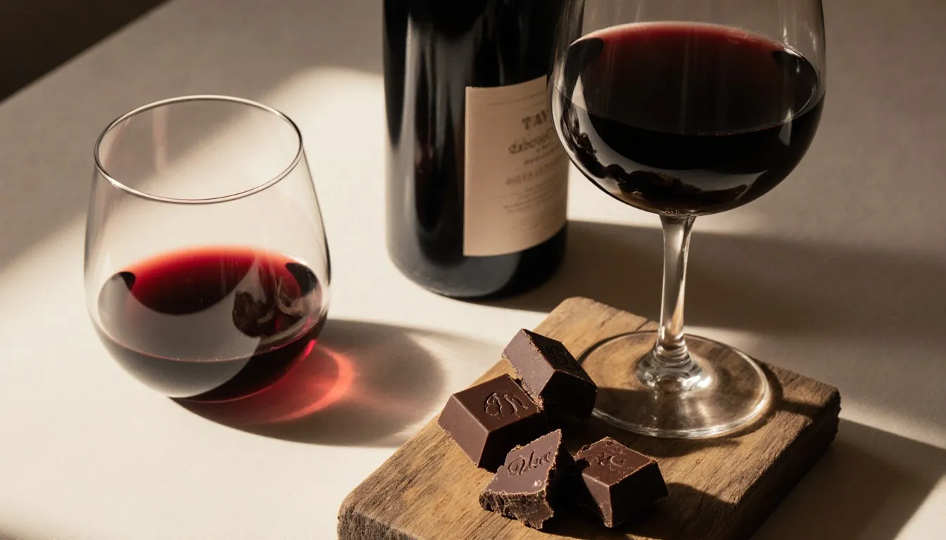 Squares of dark chocolate beside a glass of red wine on a wooden board