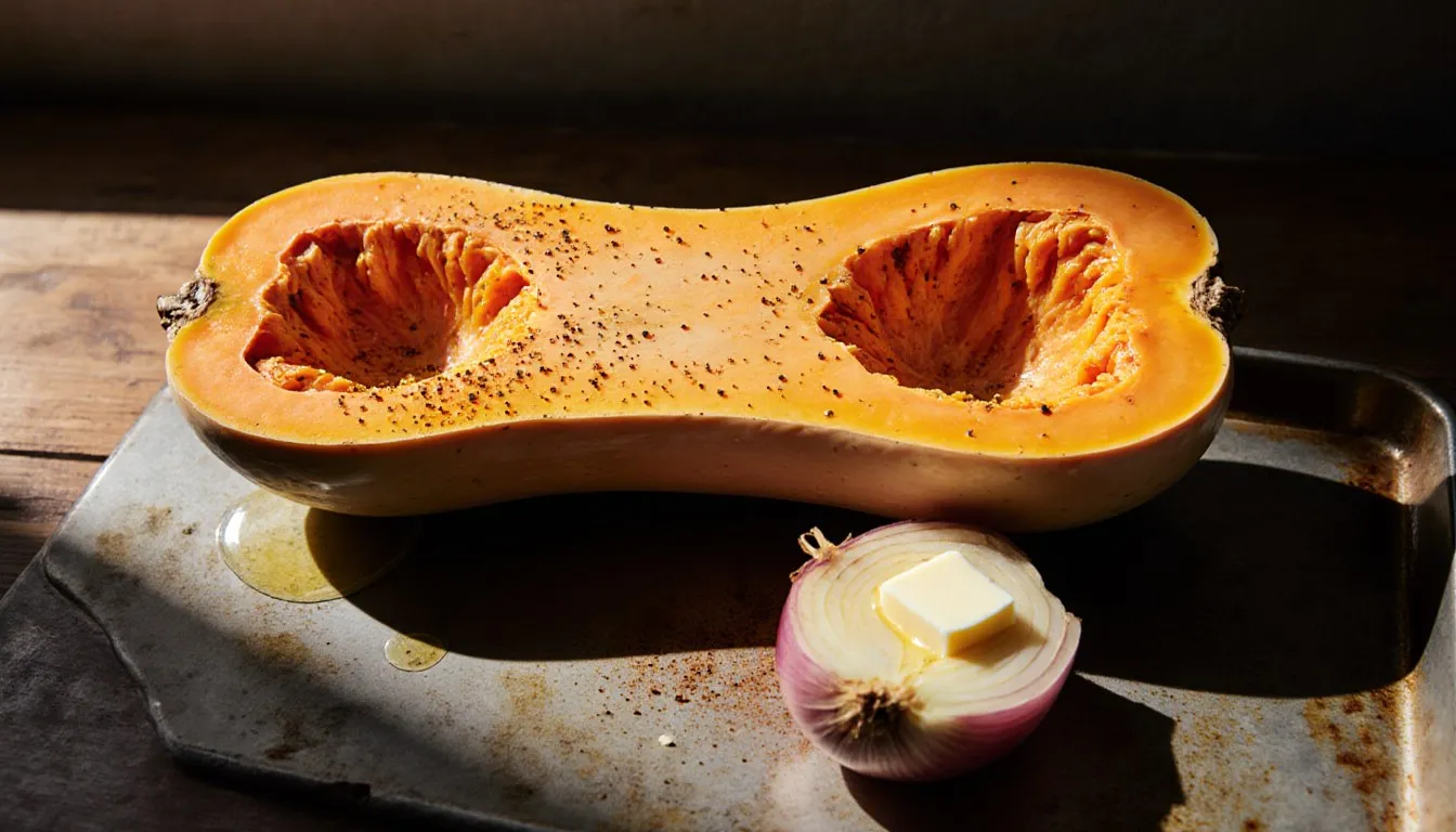A halved butternut squash with seeds removed, brushed with oil and spices, ready to bake