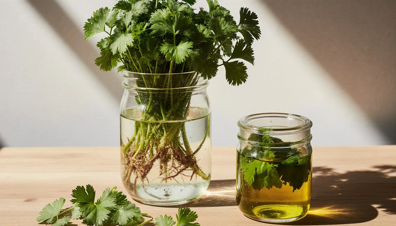 Fresh cilantro preserved in a jar of water and another submerged in olive oil on a kitchen counter