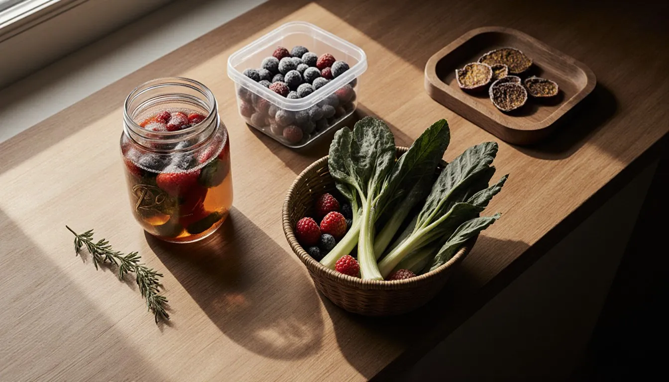 Fresh produce beside a canning jar, a frosted freezer container, and a tray of dried fruit on a kitchen counter