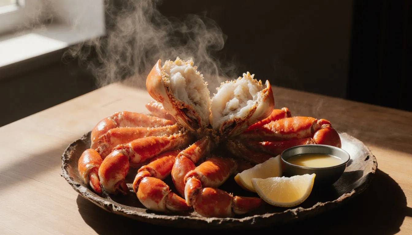 Steaming hot crab legs piled on a plate with lemon wedges and melted butter