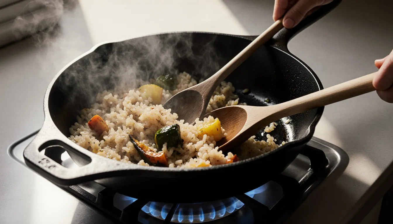 A cast iron skillet on a gas burner with leftover rice and roasted vegetables being stirred with two wooden spoons, steam rising from the pan