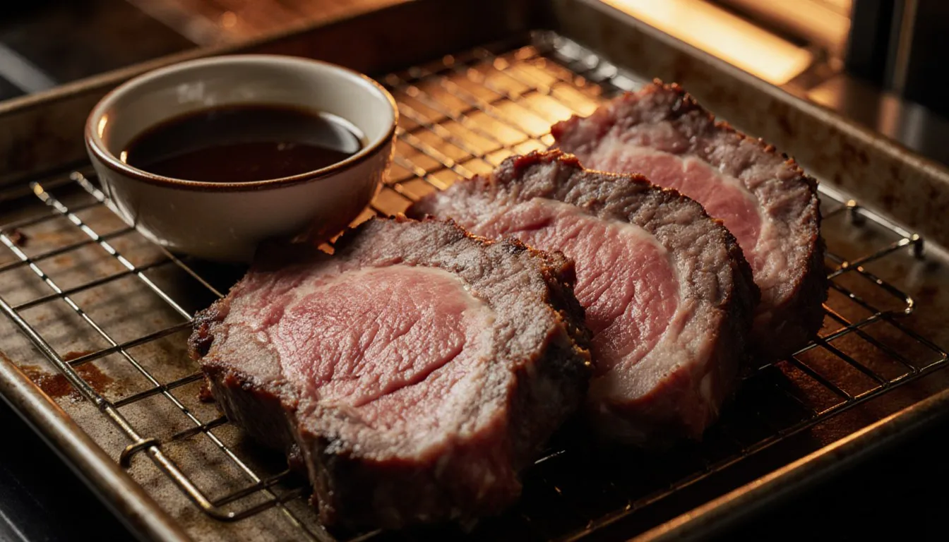 Sliced prime rib warming on a wire rack with a bowl of au jus beside it