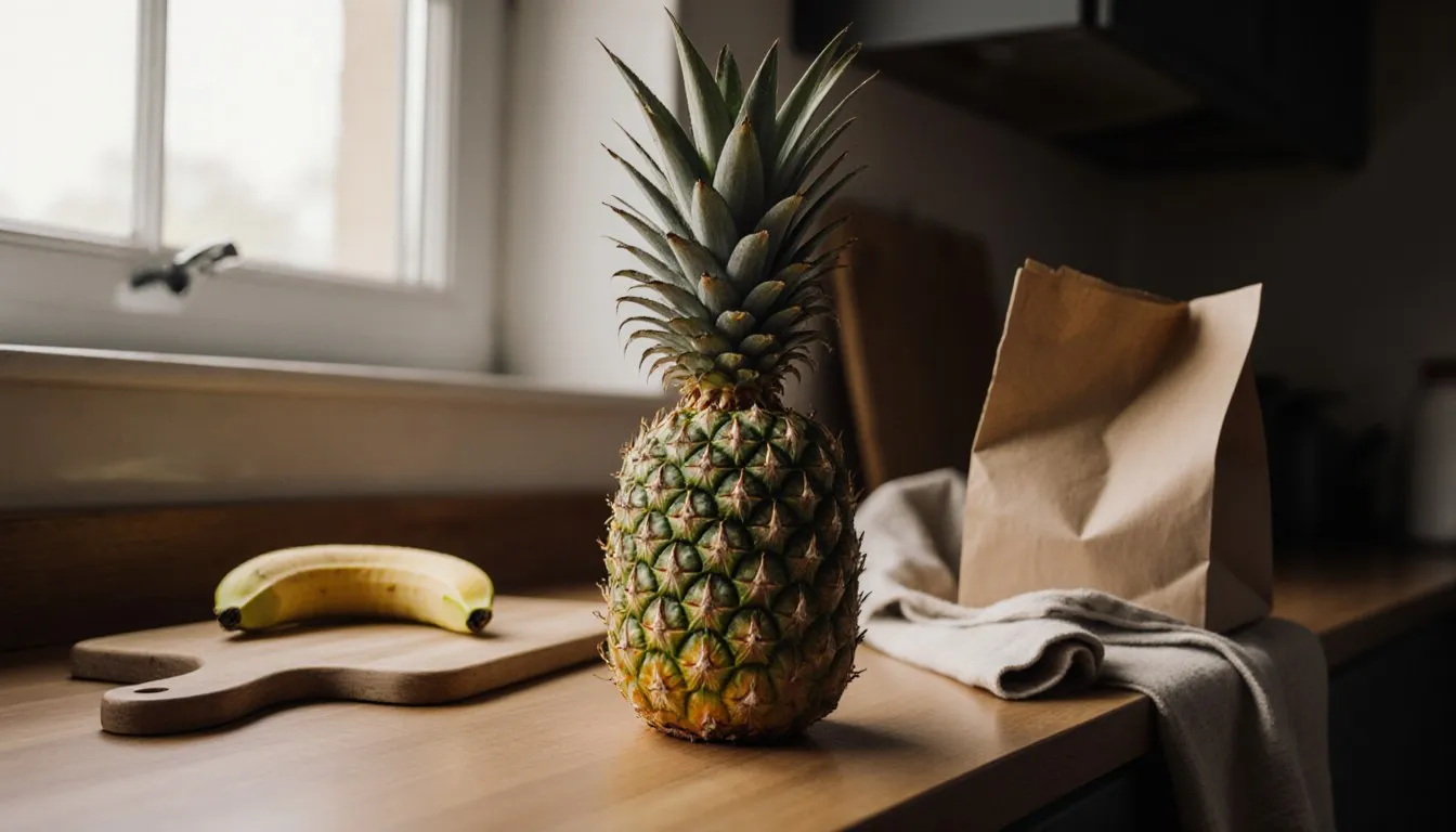 A whole pineapple on a wooden counter beside a paper bag and banana, a classic fruit-ripening setup