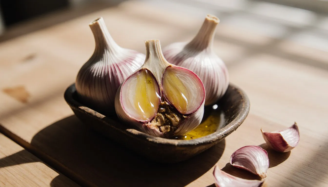 Garlic bulbs halved and drizzled with olive oil in a baking dish, ready to roast