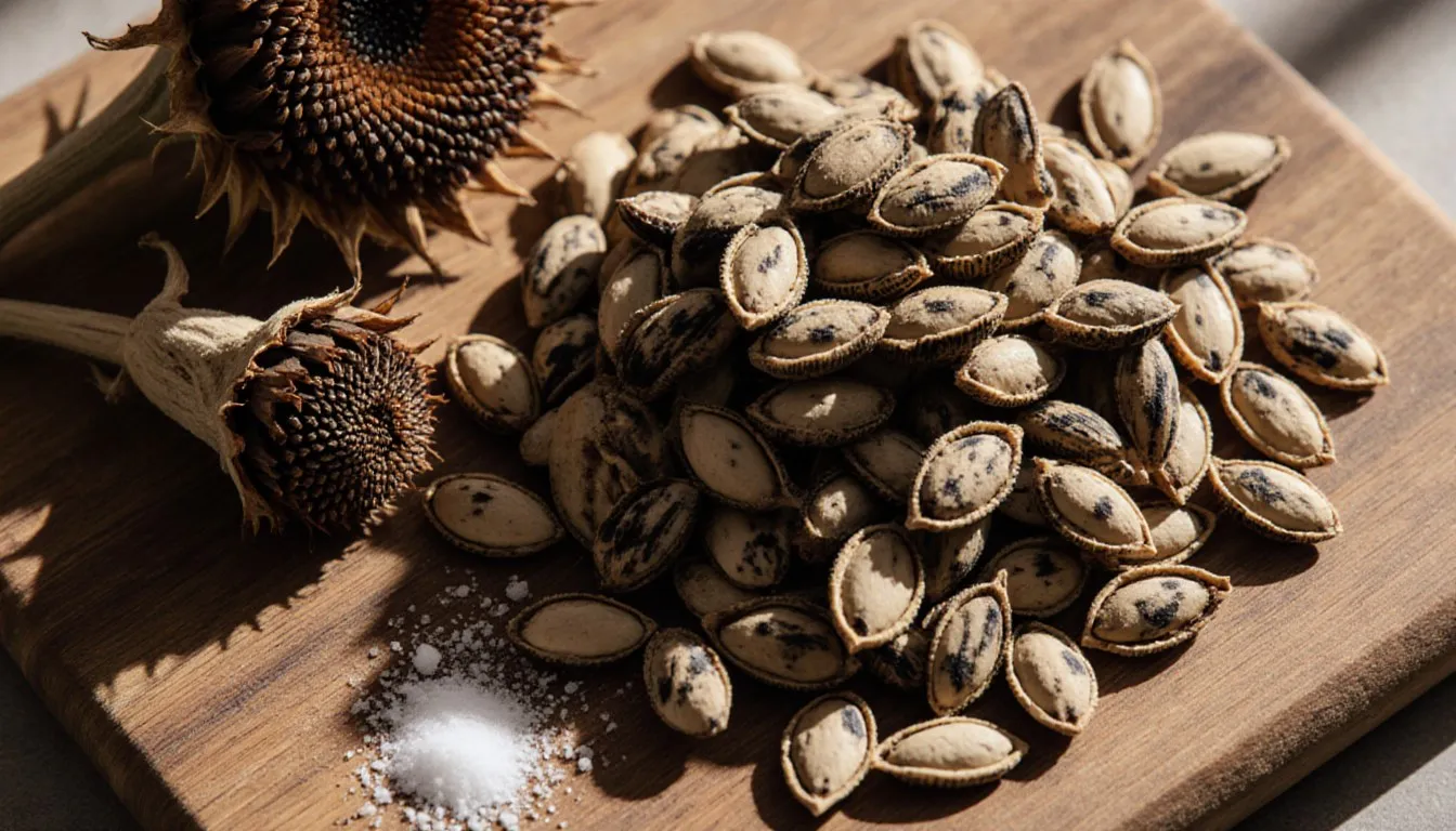 A pile of roasted sunflower seeds in their shells beside a dried sunflower seed head on a wooden board