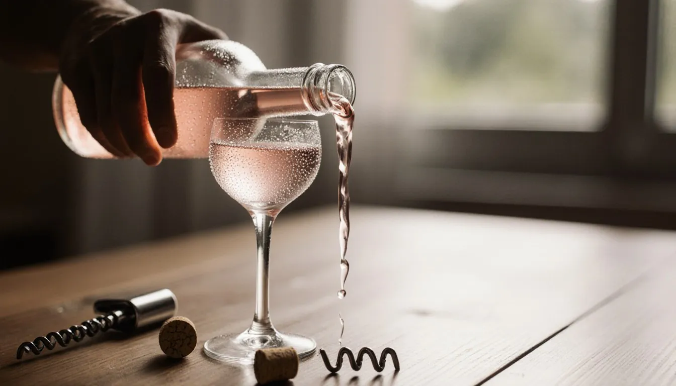 Chilled rosé wine being poured into a glass, condensation on the bottle from proper serving temperature