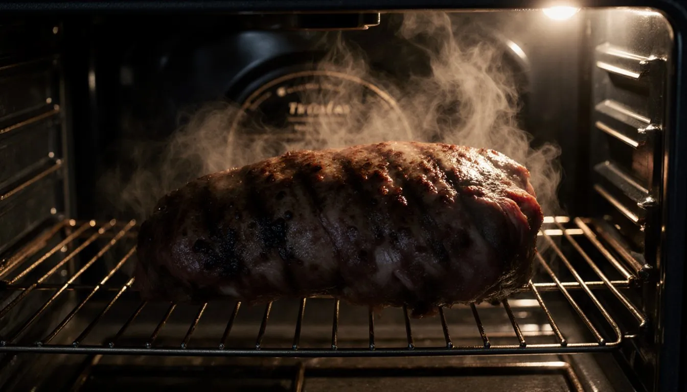 A smoked cut of meat resting on a rack inside a warm oven, wrapped in thin curls of smoke