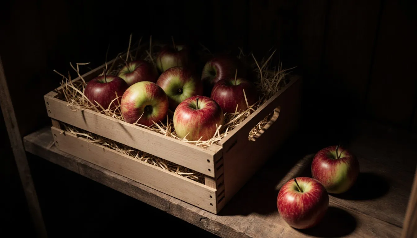Whole apples nestled in straw inside a wooden crate on a cellar shelf