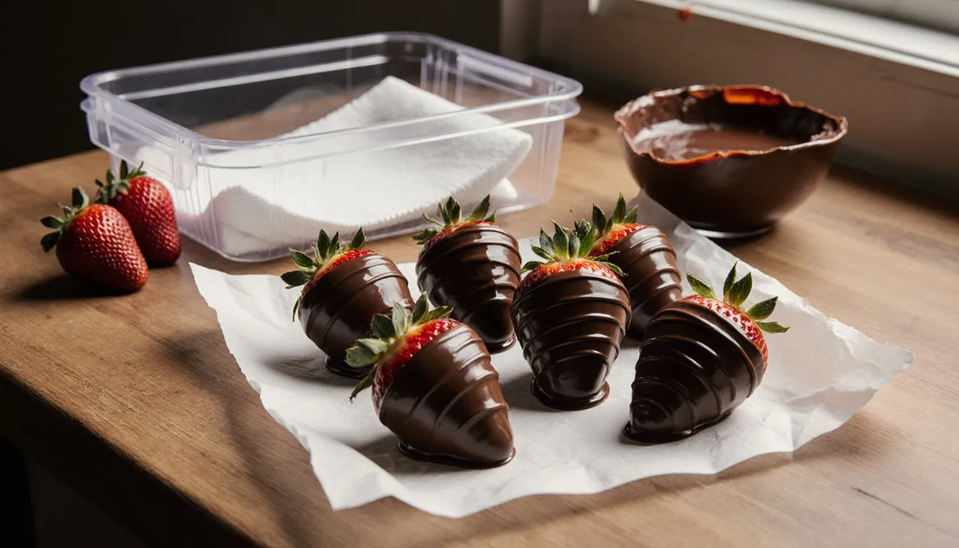 Fresh chocolate-covered strawberries cooling on parchment beside an open storage container
