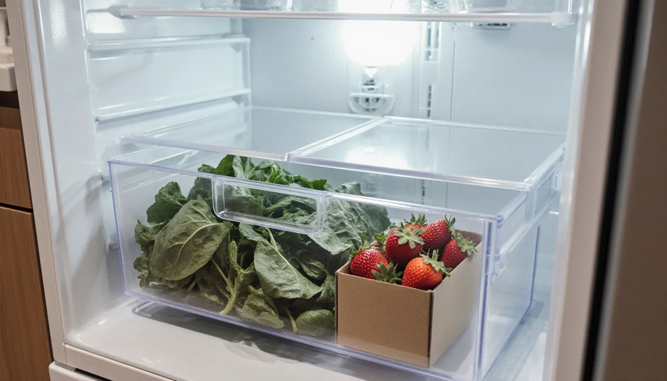 Open refrigerator crisper drawer filled with leafy greens and a small box of strawberries