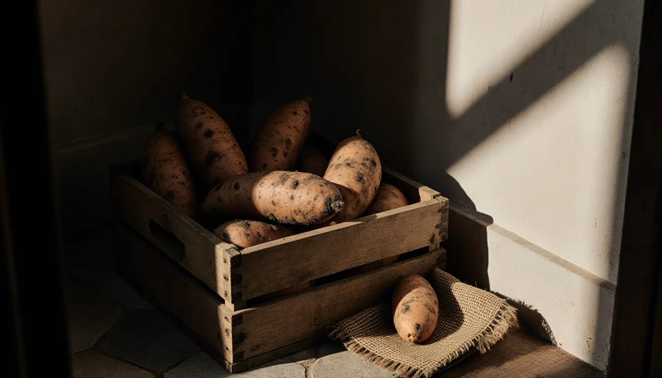 Whole sweet potatoes resting in a wooden crate in a cool, dimly lit pantry corner