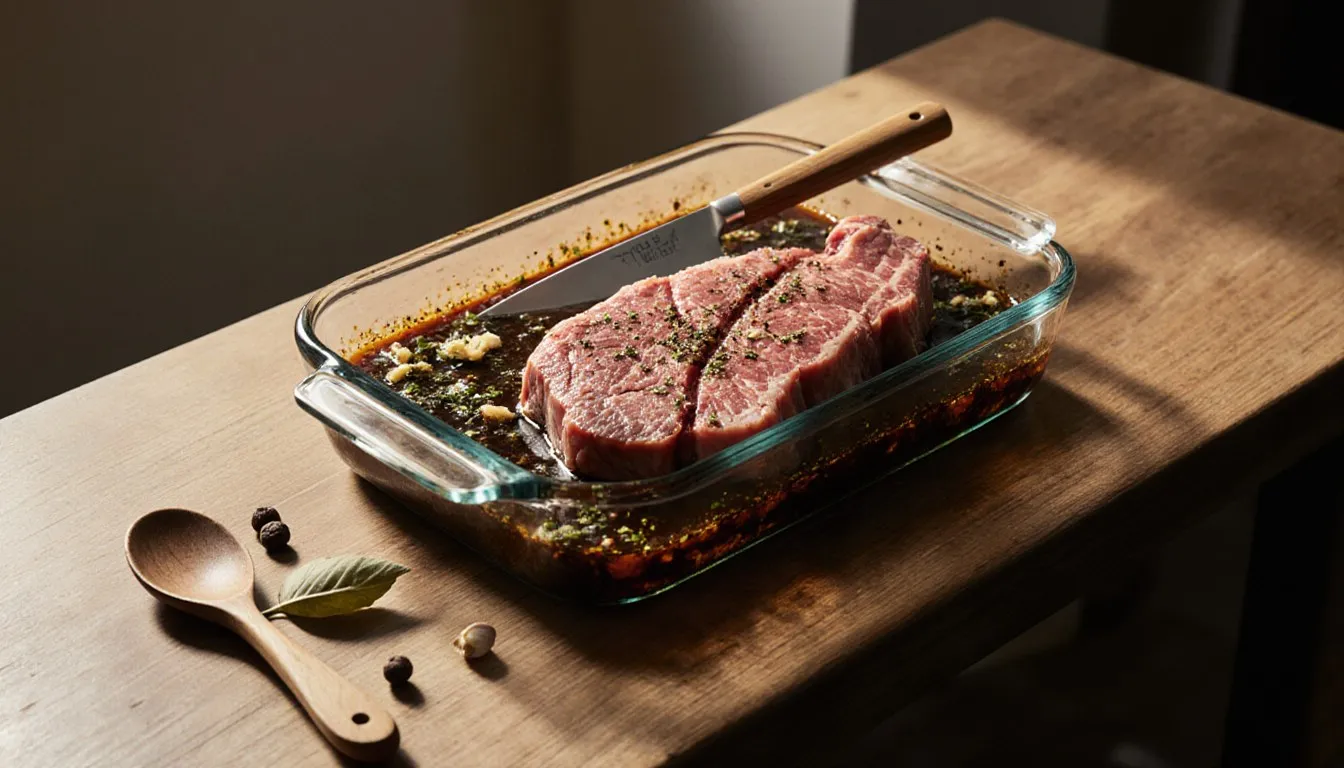 Raw London broil steak scored and soaking in a dark herb marinade before grilling