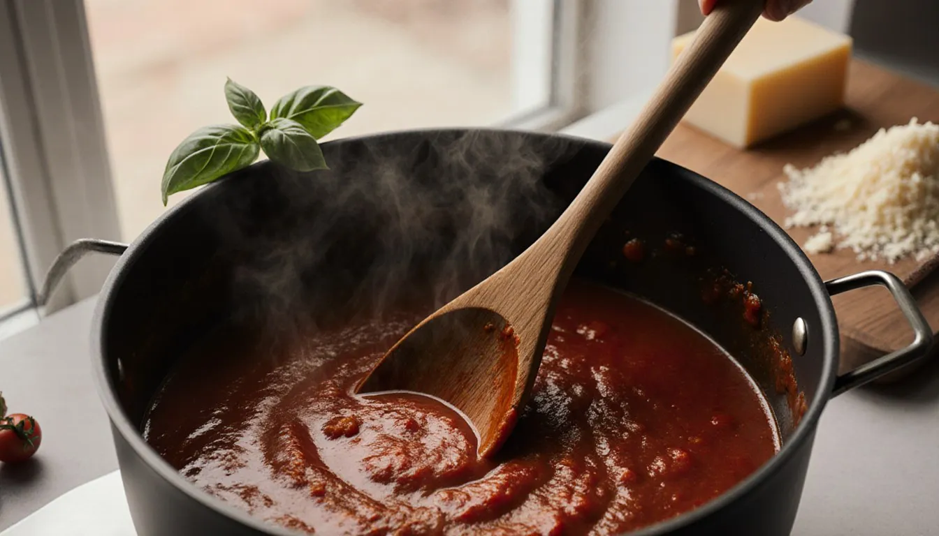 A wooden spoon dragged through a pot of thick, glossy tomato sauce