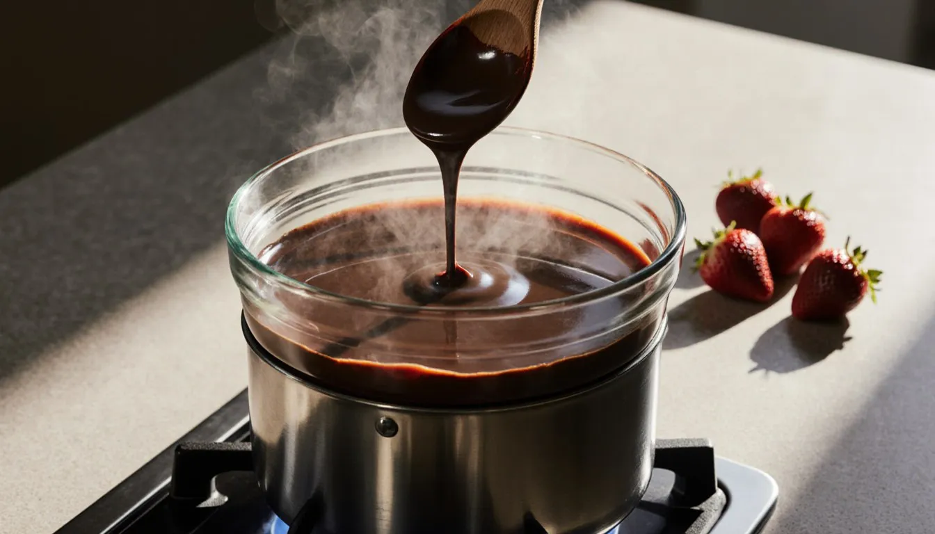 Chocolate melting in a glass bowl over simmering water, stirred smooth with a wooden spoon for dipping.