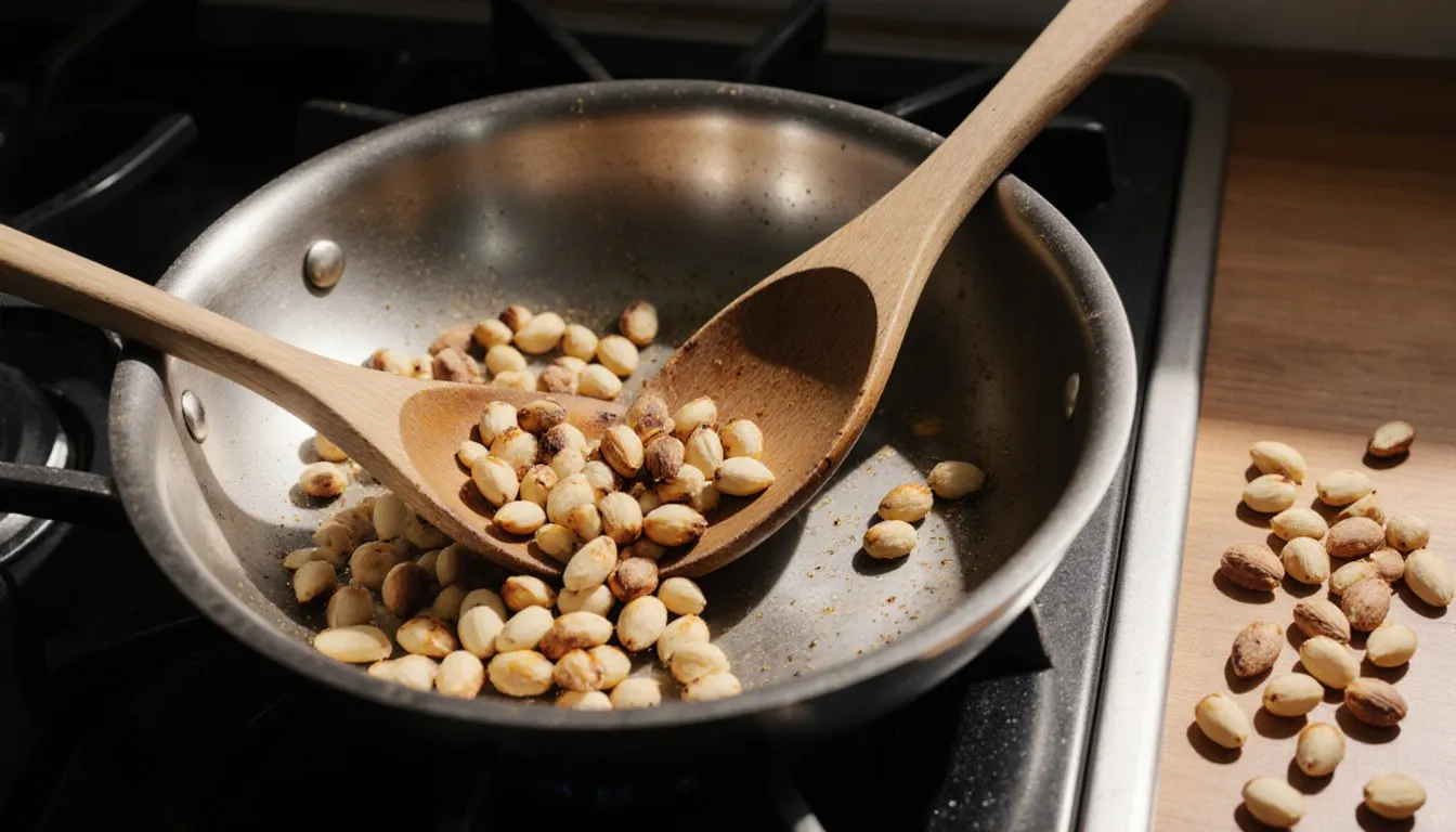 Pine nuts turning golden brown as they toast in a dry skillet on the stovetop