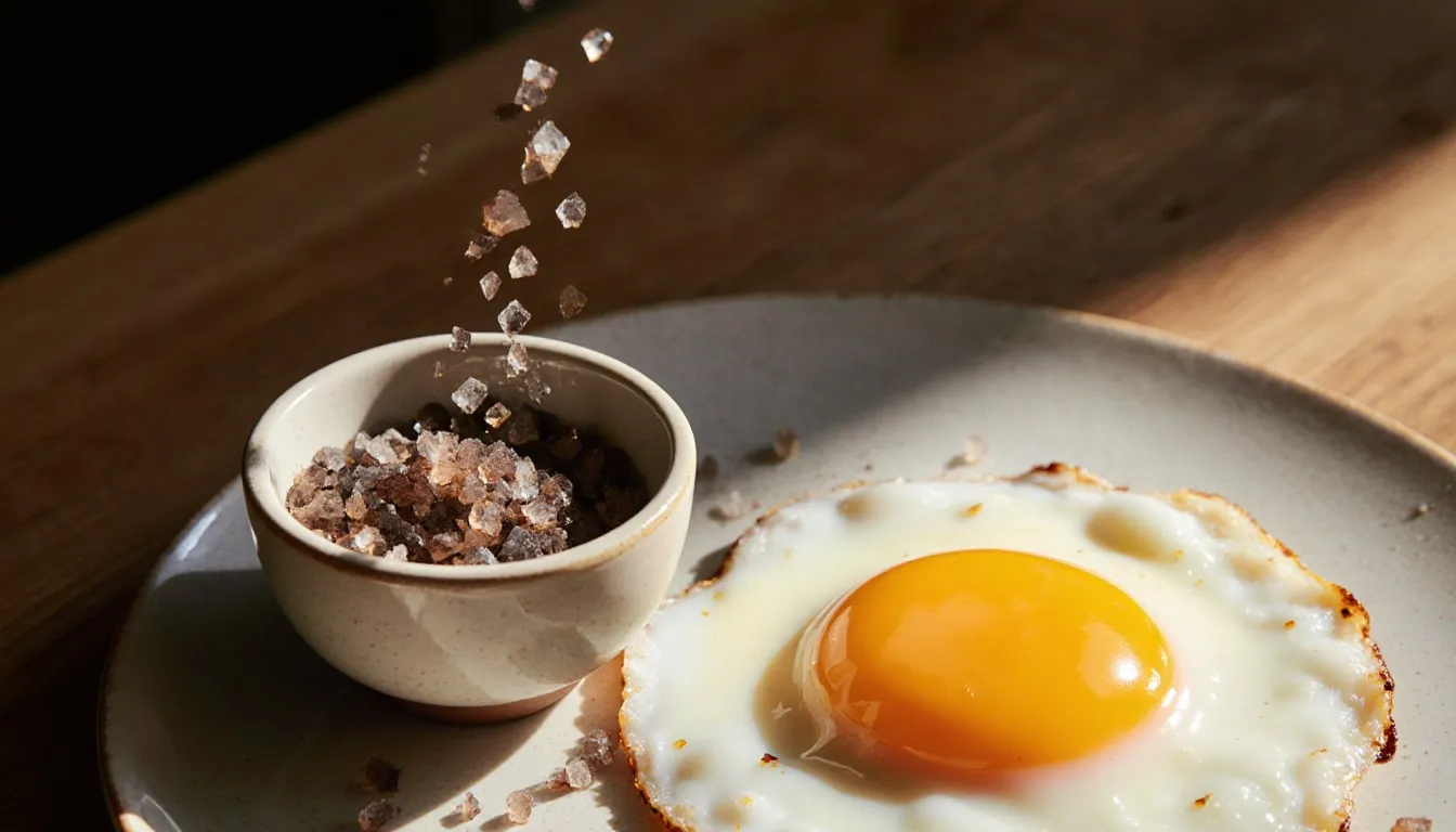 Coarse smoked salt crystals being sprinkled from a small dish onto a sunny-side-up fried egg