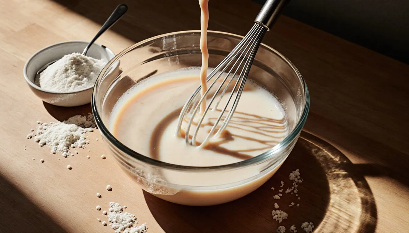 Xanthan gum powder being stirred into a bowl of liquid, forming thick, glossy ribbons on the whisk
