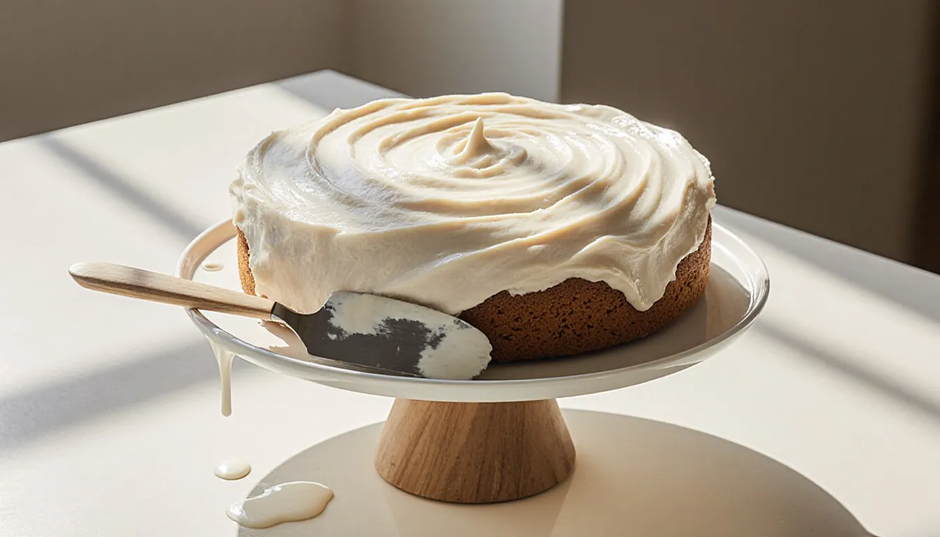 A frosted ice cream cake with thick swirled white frosting, an offset spatula resting against its edge