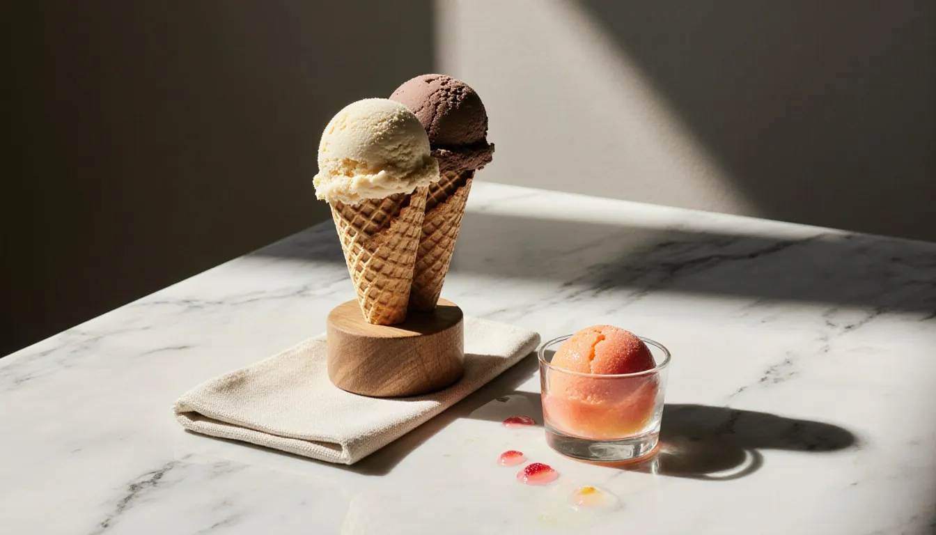 Waffle cones piled with ice cream scoops beside a dish of fruit sorbet on a marble counter