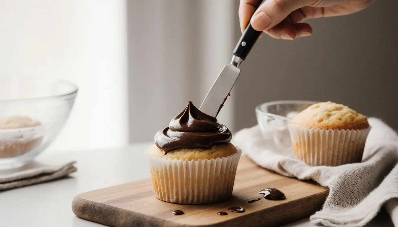 A butter knife spreads glossy chocolate icing over a bare muffin beside a bowl of icing