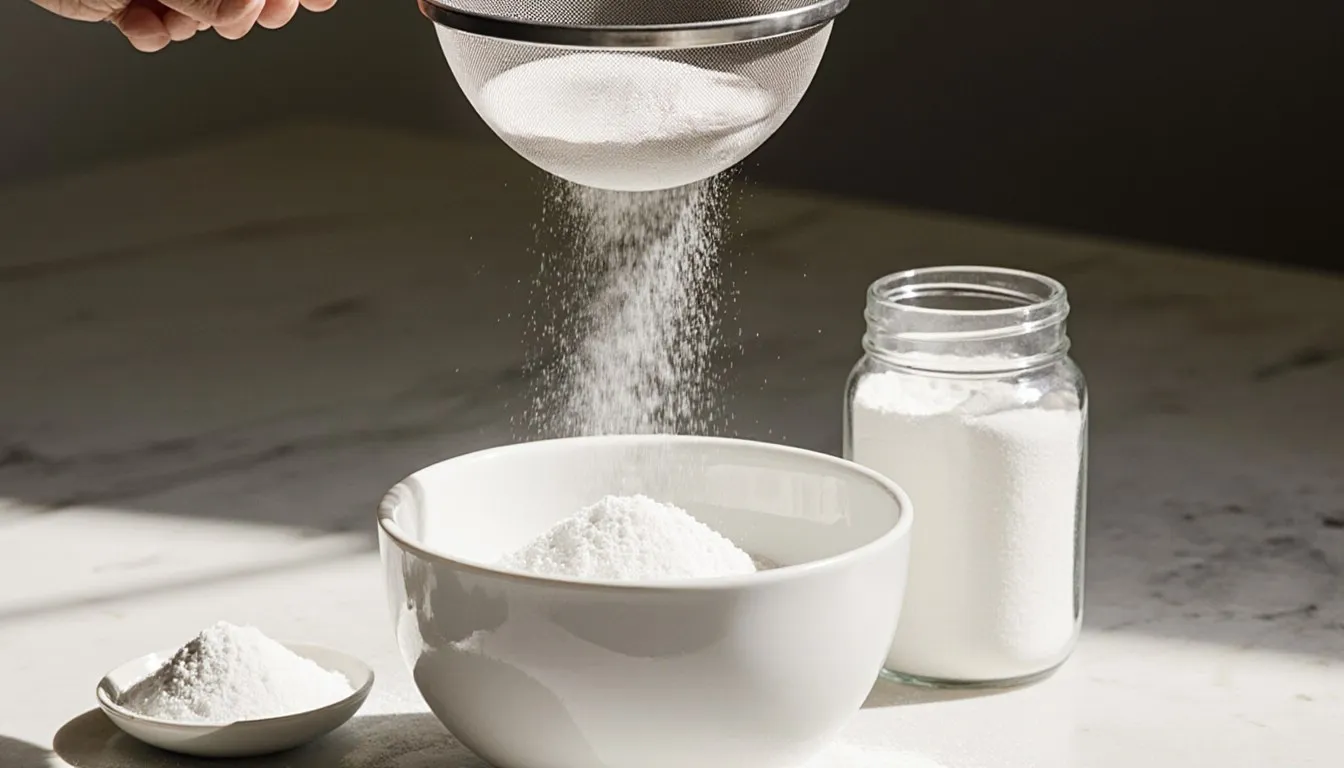 Fine powdered sugar being sifted over a bowl beside granulated sugar, showing a homemade icing sugar substitute