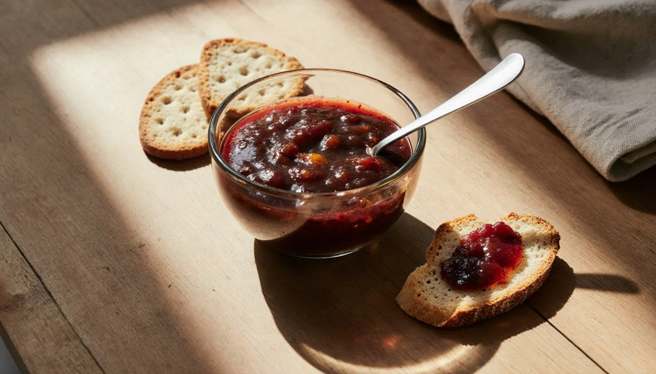 A bowl of fruit chutney served with crackers and crusty bread on a wooden table