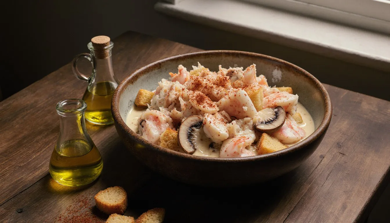 A bowl of imitation crab salad with mushrooms, croutons, and light dressing