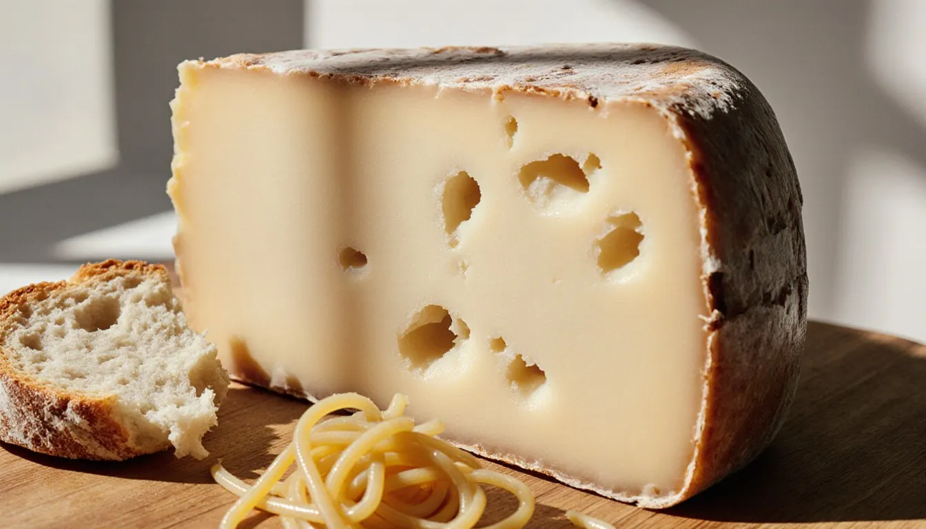 A wedge of Asiago cheese with its dense interior exposed, beside bread and pasta on a wooden board