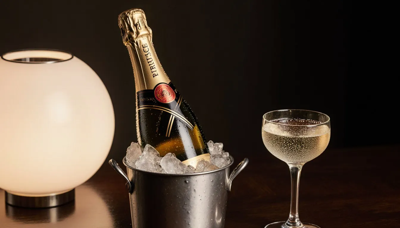 A chilled vintage prestige Champagne bottle in an ice bucket beside a filled coupe glass on a dark bar table